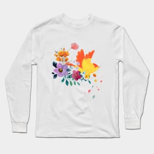blooming flowers and orange color bird colorful art Long Sleeve T-Shirt